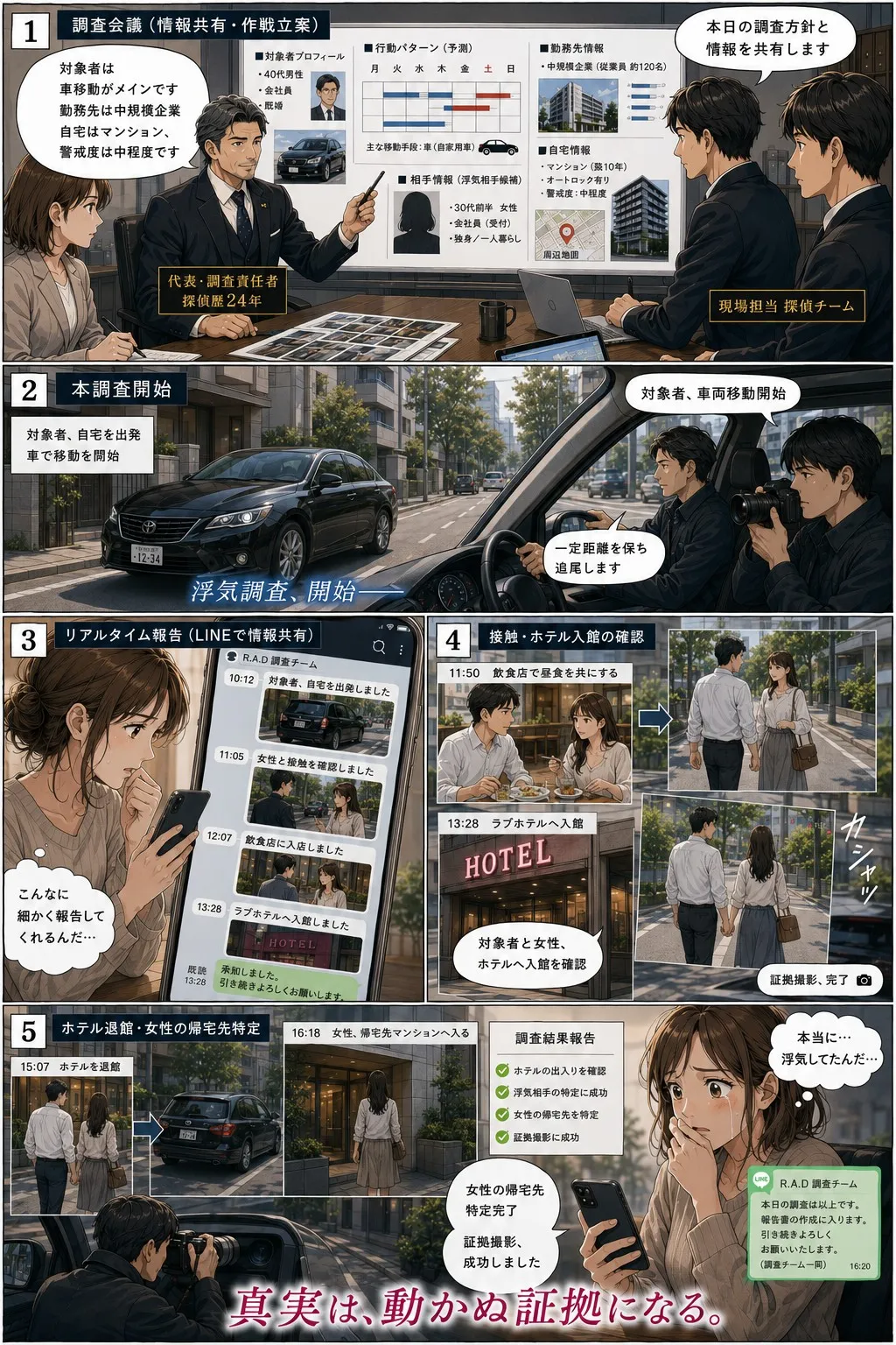 浮気調査 漫画③：プロの探偵による浮気調査開始