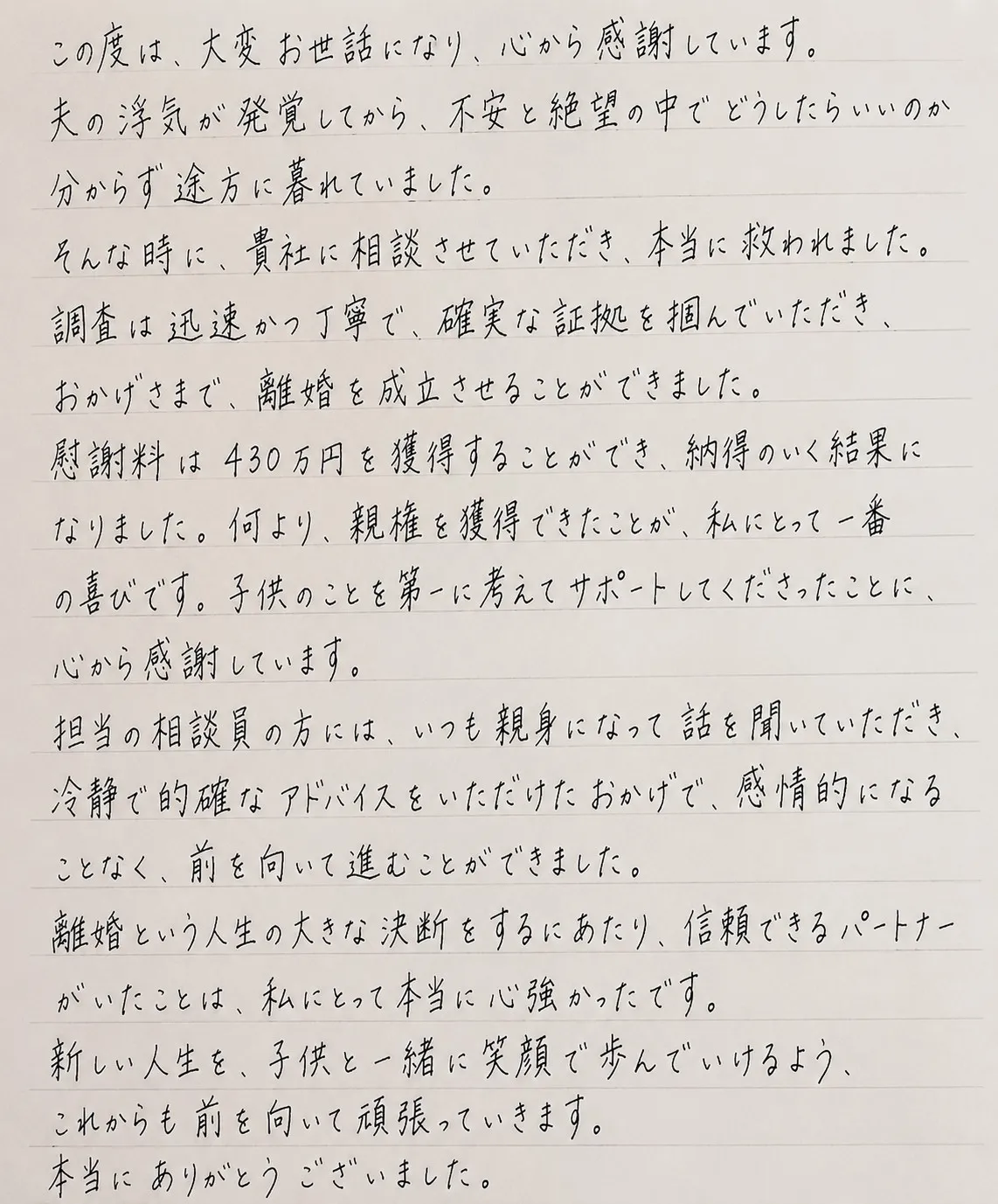ご依頼者様からの手書きのお手紙 ― 浮気調査・離婚成立・慰謝料430万円獲得