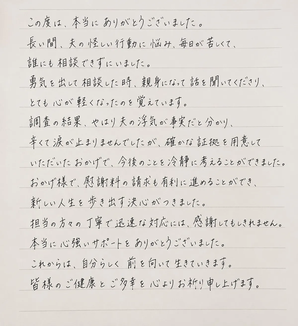 ご依頼者様からの手書きのお手紙 ― 浮気調査・慰謝料請求・新しい人生への決心
